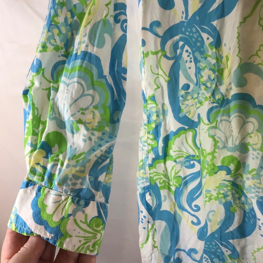 Lilly Pulitzer Small Tunic Top Blue Green Coastal Shell Swirl Cotton Resort - Picture 8 of 10